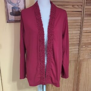 Coldwater Creek Red Open Front Cardigan Textured Trim Lightweight XL 16